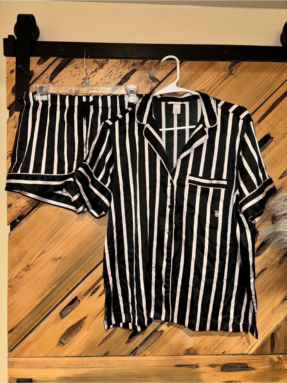 Victoria's Secret Black, White, and Pink Vertical Stripe Pajama Set